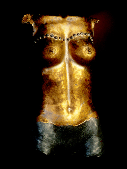 Ceramic torso with gold glaze 55 x 40cm with metal stand.